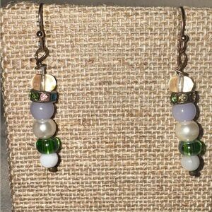 Handcrafted Green & Pearl Beaded Drop Earrings